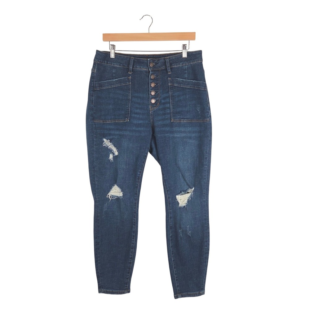 Judy Blue Skinny Fit Distressed Exposed Button Fly Jeans 14W Dark Wash High Rise